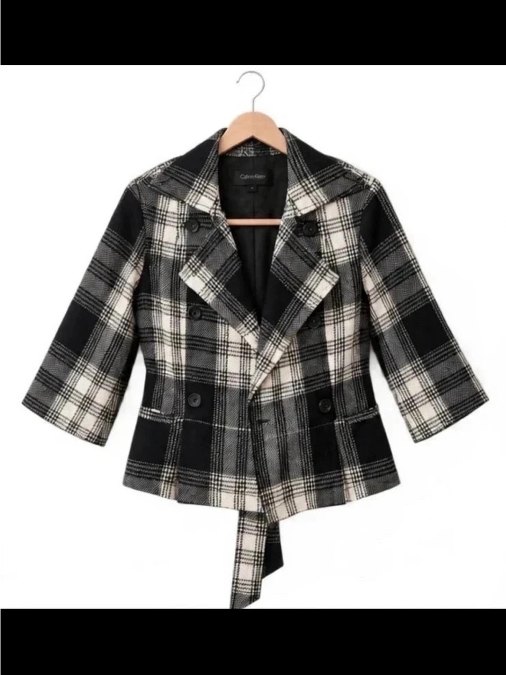 Calvin Klein Black & White Plaid Double-Breasted Peacoat with Belt